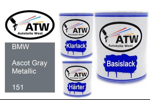 BMW, Ascot Gray Metallic, 151: 1L Lackdose + 1L Klarlack + 500ml Härter - Set, von ATW Autoteile West.